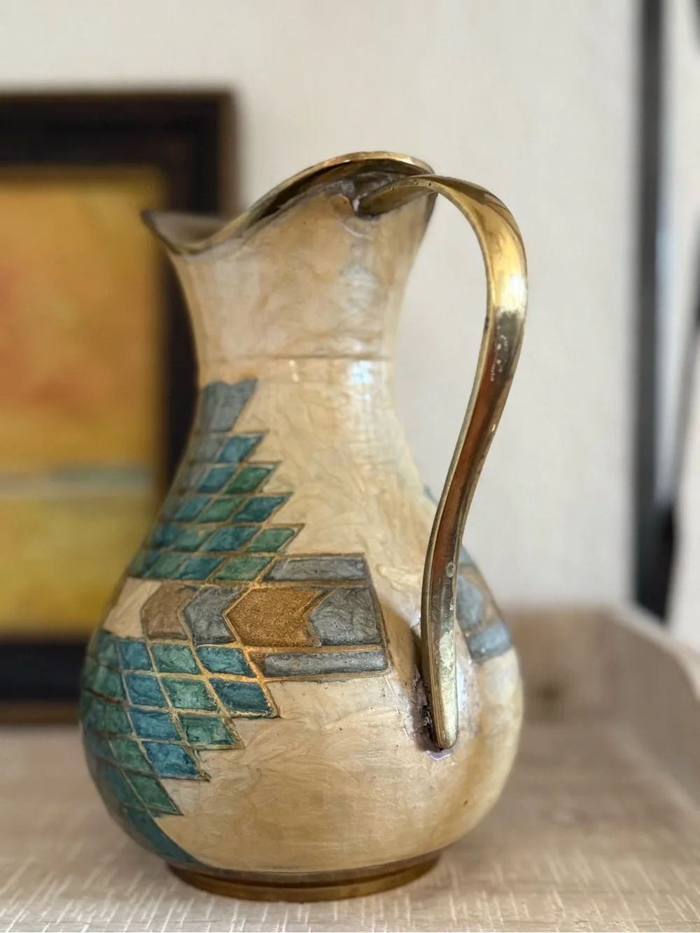 Vintage Brass Turquoise and Gold Geometric Pitcher Vase - Picture 7 of 7